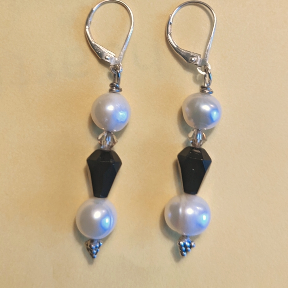 Sterling silver, pearl, black glass and tan swarovski crystal  dangle earrings